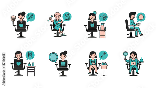 Hairdresser and Client Icon Set for Beauty Salon Services