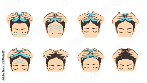 Woman's Head Massage and Hair Washing Steps Icon Set
