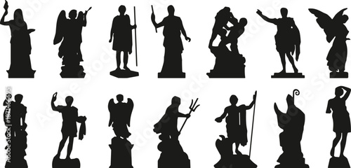 Classical statue silhouettes set ancient greek roman sculptures mythology gods heroes black vector illustration collection for art history design use