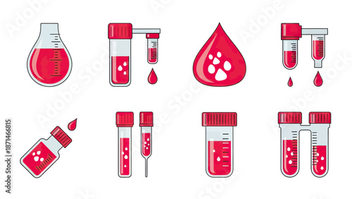 Blood Test Tubes and Beakers with Red Liquid Icons