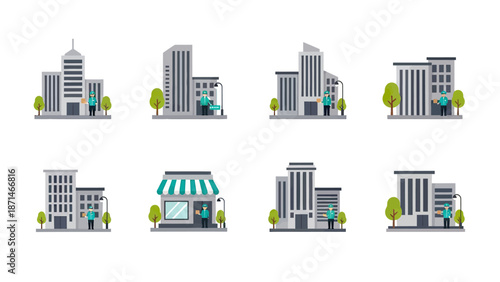 Collection of Modern Urban Building Icons with Trees and Streetlights