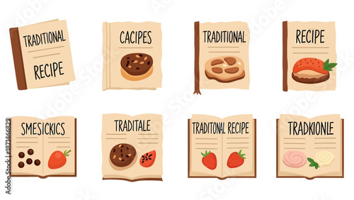 Collection of Vintage Recipe Books with Food Illustrations
