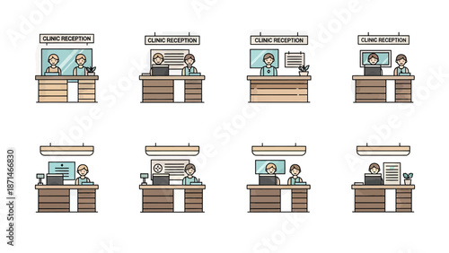Pixel Art Clinic Reception Desks with Staff and Patients