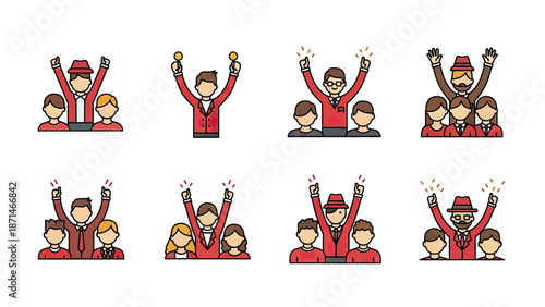Team Celebrating Success with Raised Hands and Trophies Vector Icons