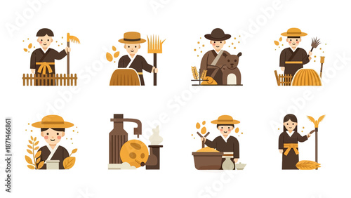 Traditional Korean Farmers and Farm Life Vector Icons