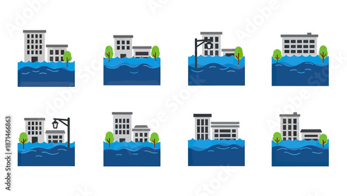 Flood Damaged City Buildings with Water and Trees Vector Icons