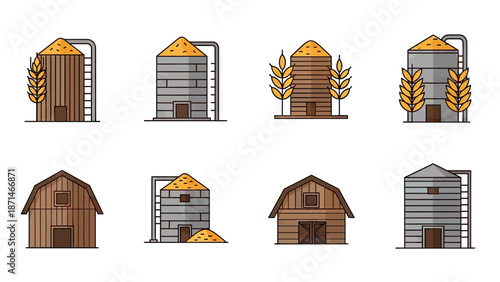 Farm Silos and Barns with Wheat Ear Illustrations