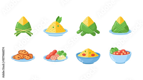 Traditional Asian Rice Dumpling and Food Icon Set