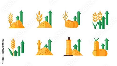 Farming Harvest Growth Icons: Wheat, Pumpkin, Carrot, Potatoes, Grain