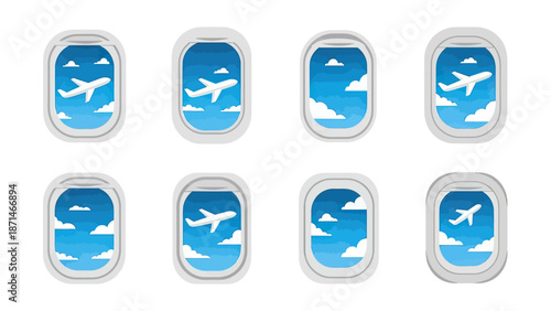 Airplane Window Views of Flying Jet and Clouds in Sky