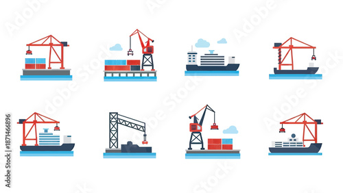 Port Cranes and Ships Loading Cargo Containers at the Dockside