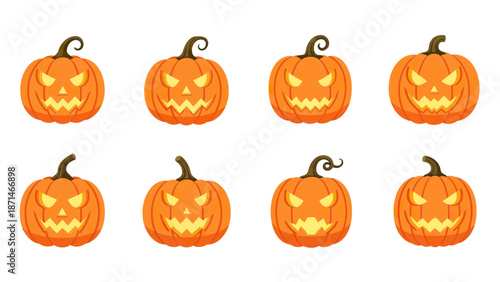 Set of Spooky Jack-o-Lantern Halloween Pumpkin Faces with Glowing Eyes