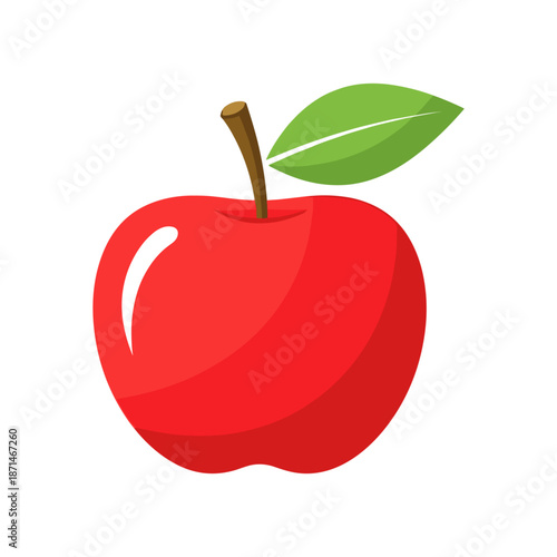 A vibrant red apple with a green leaf resting on a white background, ideal for food-related visuals