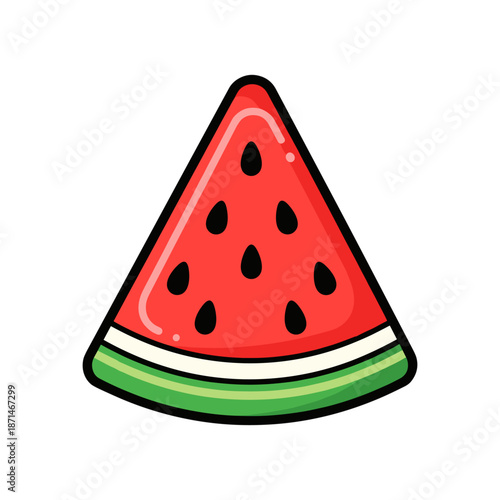 A vibrant slice of watermelon showcasing its juicy red flesh and black seeds against a clean background