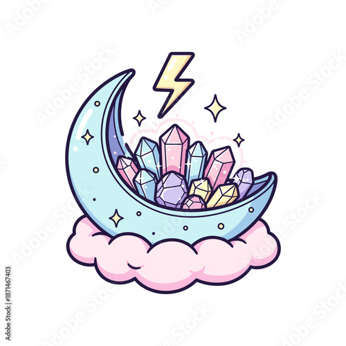 A whimsical illustration of a crescent moon cradling colorful crystals amidst a cloud, with lightning
