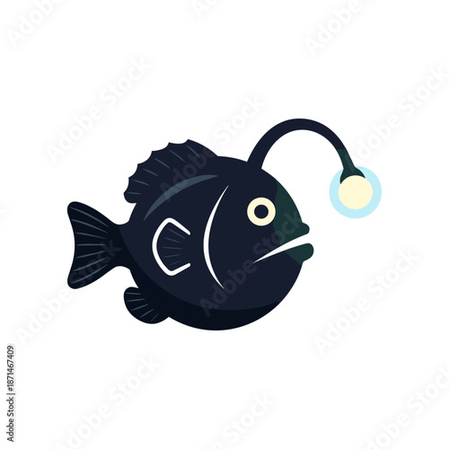 A whimsical illustration of a deep-sea anglerfish with a glowing lure in a minimalist style