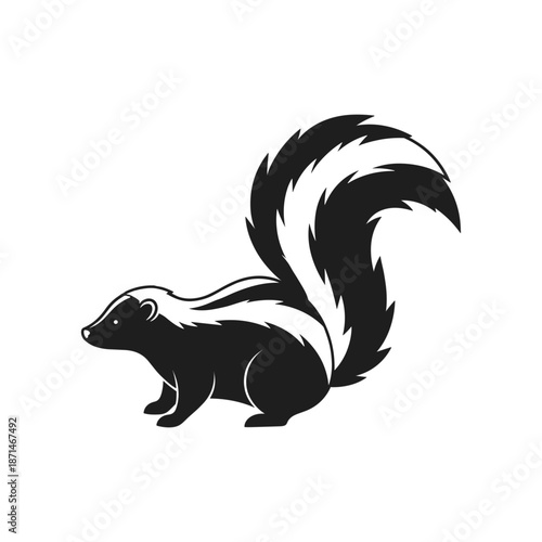 Black and white illustration of a skunk in a side view, showcasing its distinctive striped tail