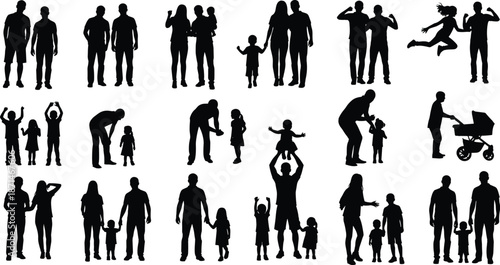 Family silhouettes collection, parents and children poses, happy lifestyle moments, human relationship scenes, daily activities, love and care, isolated figures