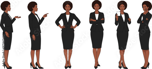 Confident professional African American businesswoman character poses set corporate office female leader gestures vector illustration for branding marketing stock