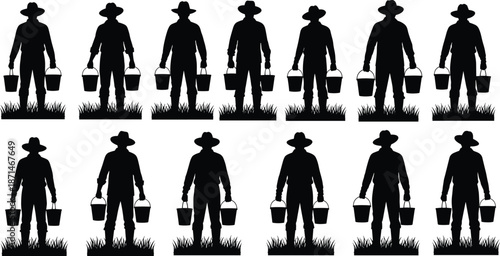 Farmer silhouette carrying water buckets, agricultural worker standing on grass, rural labor concept, black shadow farming illustration, isolated on white background