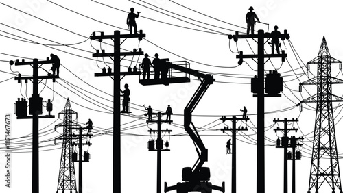 Electric line workers silhouettes, power grid maintenance, utility pole technicians, high voltage cables, industrial safety, teamwork, infrastructure repair, energy distribution