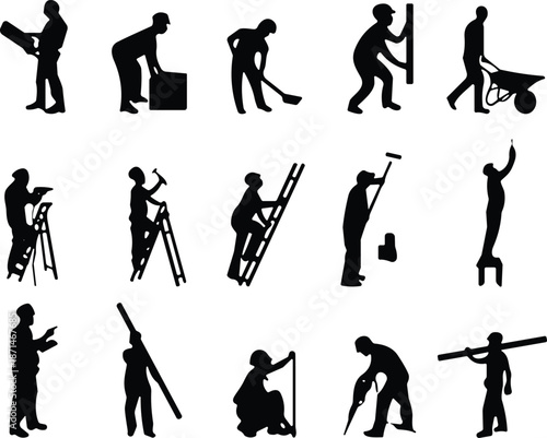 Construction worker silhouettes set builders using tools ladders equipment black flat vector illustration for industrial labor safety design projects