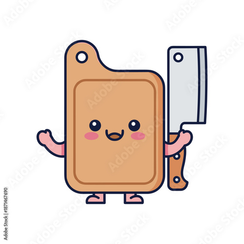 Cartoon character of a cheerful cutting board holding a cleaver, set against a plain background