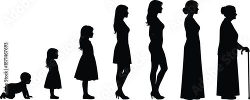 Female life stages silhouette, woman aging process, childhood to elderly, growth timeline concept, human development, generation cycle, isolated black figures
