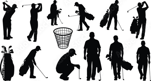 Golf player silhouettes, professional swing poses, golfer with clubs, sports activity set, outdoor recreation, training practice, isolated black figures