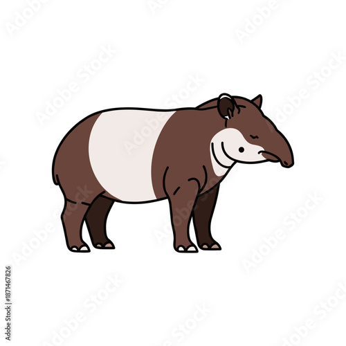 Cartoon illustration of a happy tapir standing on a white background, showcasing its unique features