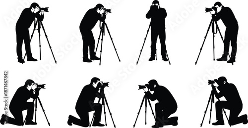 Photographer silhouette collection, professional camera operator poses, tripod photography, creative shooting angles, black isolated figures, studio, outdoor, action, journalism