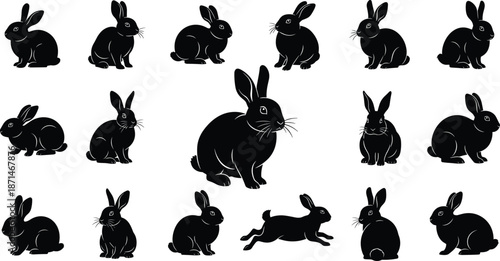 Rabbit silhouette collection showing cute bunny poses, animal illustration set, black shadow wildlife figures, isolated on white background designRabbit 