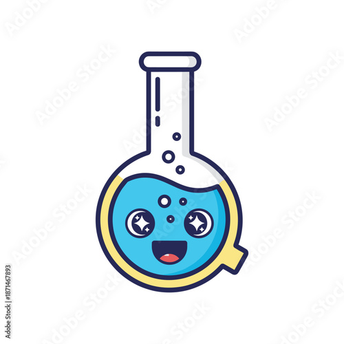 Cartoon illustration of a smiling laboratory flask with blue liquid and bubbles, suitable for educational materials