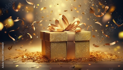 golden gift box with falling confetti in celebration scene