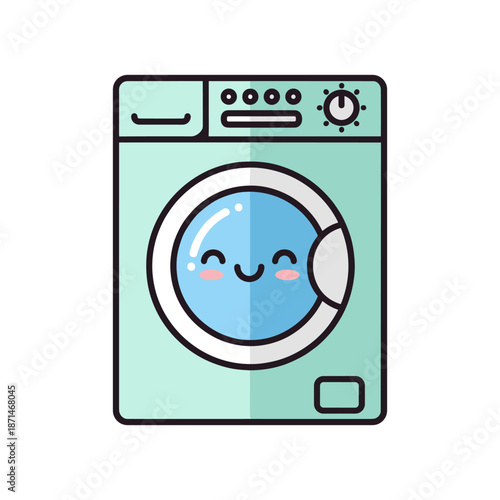 Cartoon washing machine with a smiling face, set against a simple background, symbolizing cleanliness