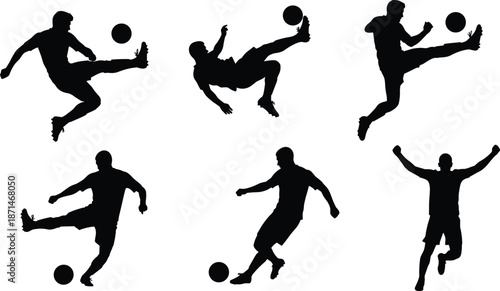 Soccer player silhouettes, football kicking action, athletic jump poses, ball control techniques, sports motion sequence, competitive game, isolated black figures