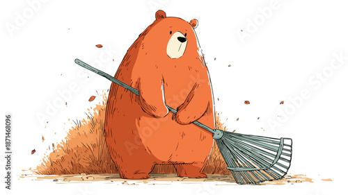 Cute Bear Holding Rake Vector on White Background