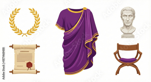 Rich collection of ancient Roman empire symbols, classical artifacts, and historical elements