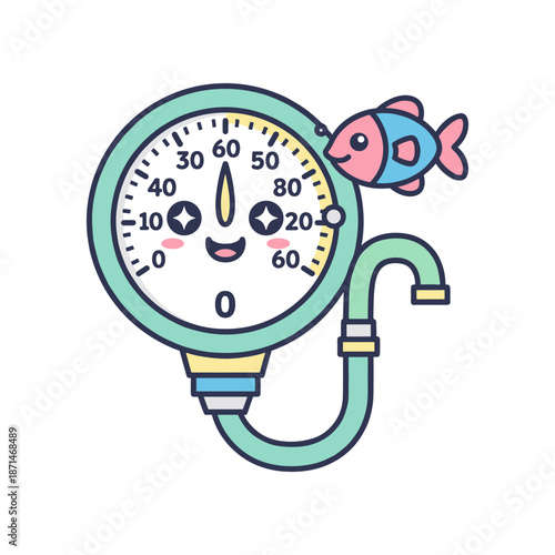 Cartoon-style pressure gauge with a smiling fish character, showcasing playful design elements