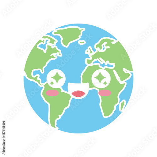 Cheerful cartoon Earth character with sparkling eyes and rosy cheeks on a white background
