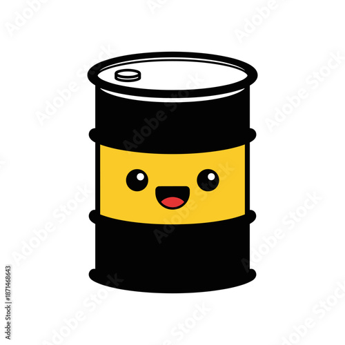 Cheerful cartoon oil barrel with a smiling face, set against a simple white background