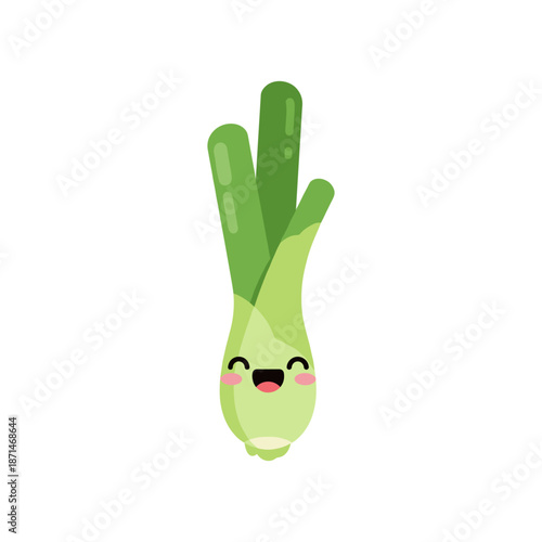 Cheerful cartoon leek character with smiling face, vibrant green leaves, and white bulb, isolated
