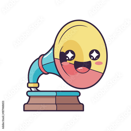 Cheerful cartoon gramophone with a smiling face, set against a vibrant white background, evoking nostalgia