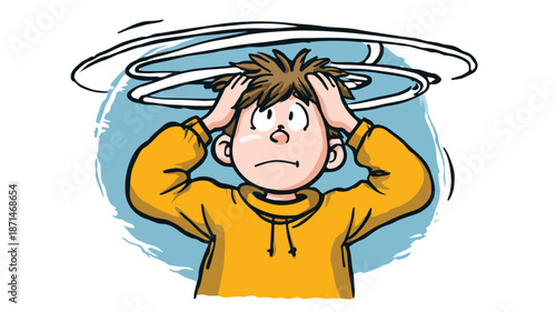 Dizzy Boy Holding Head Cartoon Vector with Outline Isolated