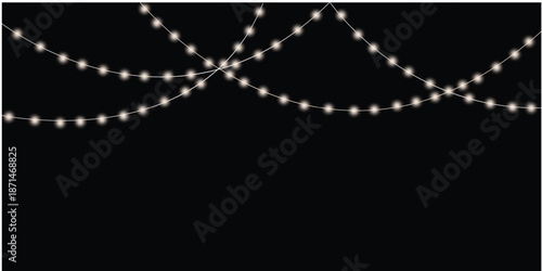 Christmas lights isolated. Glowing garlands on transparent dark background. Realistic luminous elements. Bright light bulbs for poster, card, brochure or web. Vector illustration