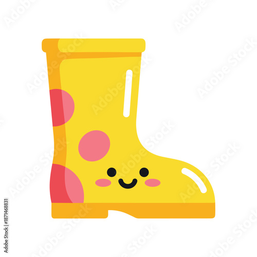Cheerful yellow rubber boot with pink polka dots, smiling face, isolated on white background