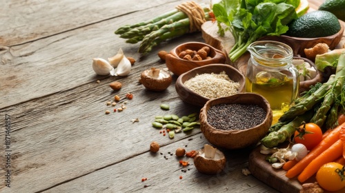 Fresh and Healthy Organic Ingredients Displayed on Rustic Wooden Table for Culinary Arts and Wellness Concepts in Natural Light