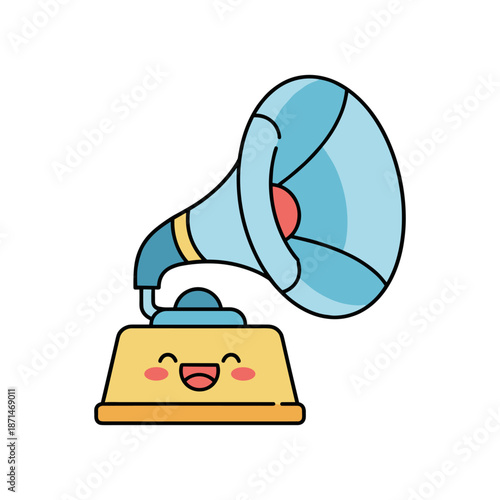 Colorful cartoon gramophone with a smiling face, set against a plain white background, ideal for playful designs