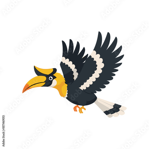 Cuadro en lienzo Colorful cartoon hornbill flying through a clear sky, showcasing vibrant feather