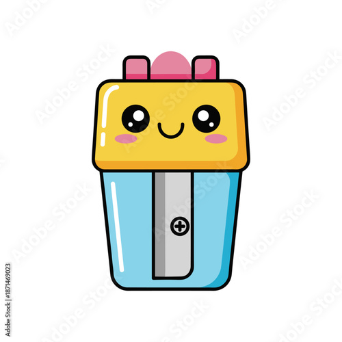 Colorful cartoon pencil sharpener with a smiling face, set against a plain white background